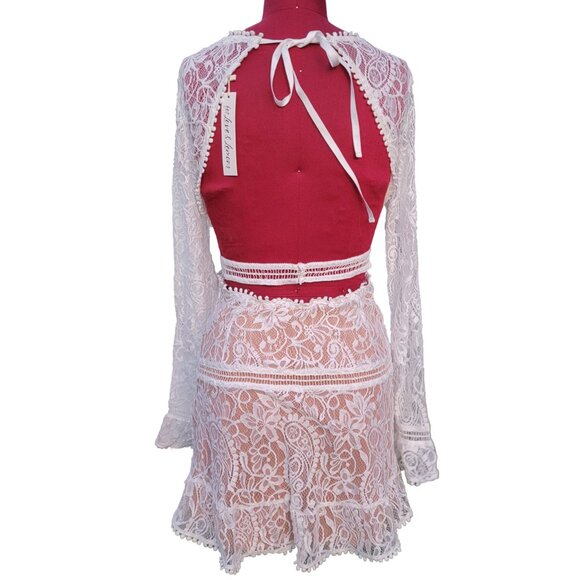 For Love & Lemons Emerie Dress White Lace Long Sleeve Open Back Mini Medium - Picture 5 of 10
